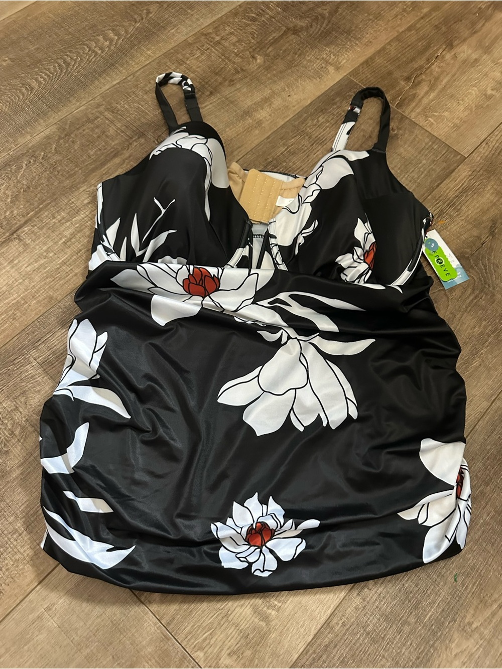 Cacique Black Floral Tankini Top with White and Red Blooms